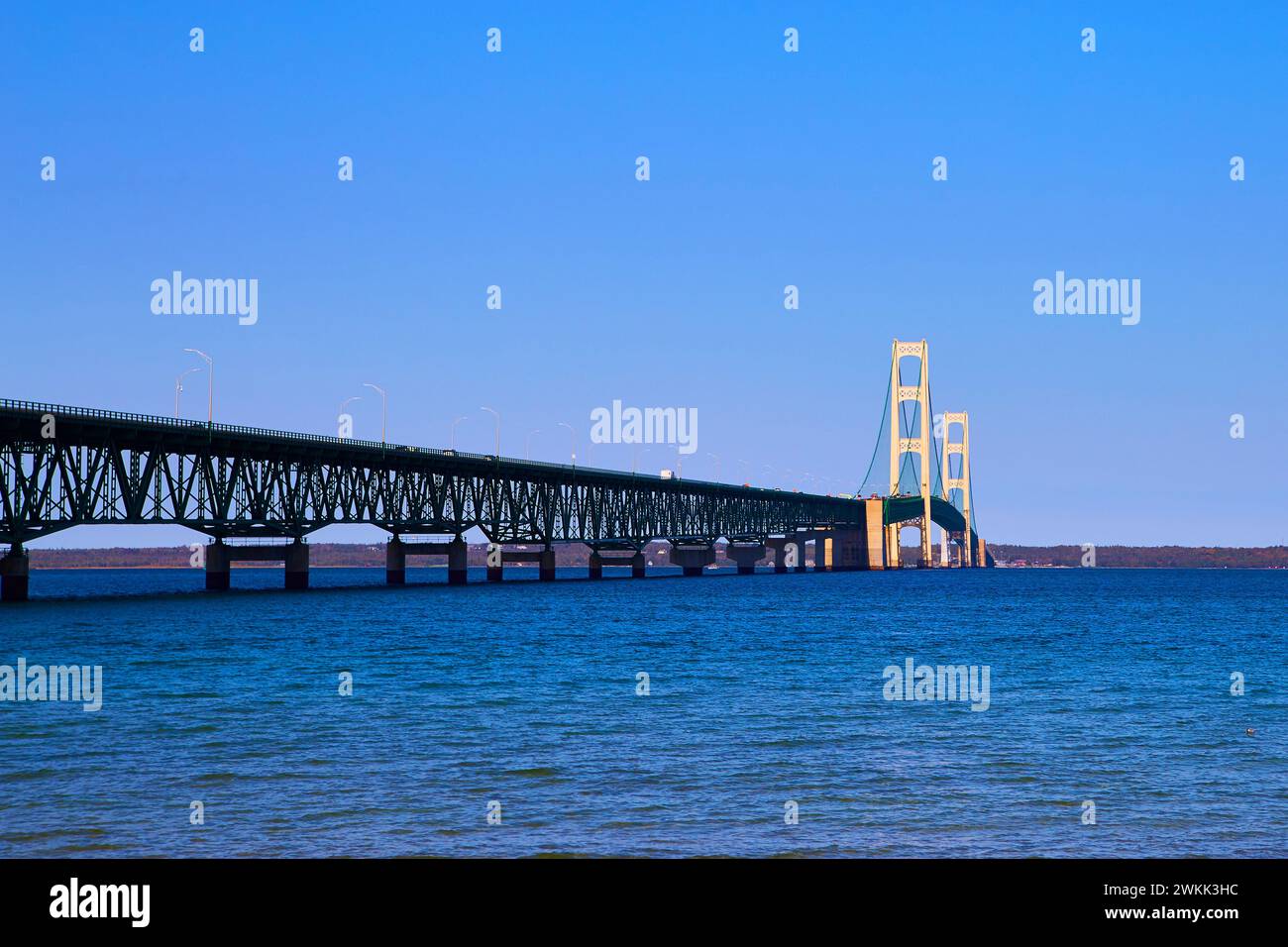 Mackinac Bridge Engineering Marvel Over Blue Waters Stock Photo