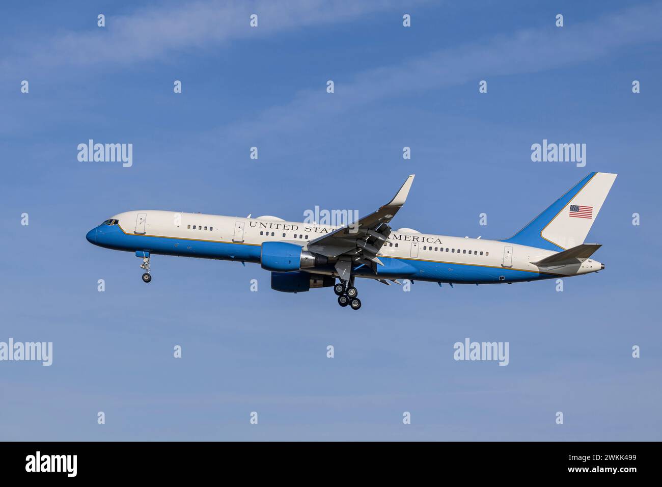 Munich, Germany - February 15. 2024 :  United States Air Force Boeing C-32A  with the aircraft registration 98-0001  lands as part of the Munich Secur Stock Photo