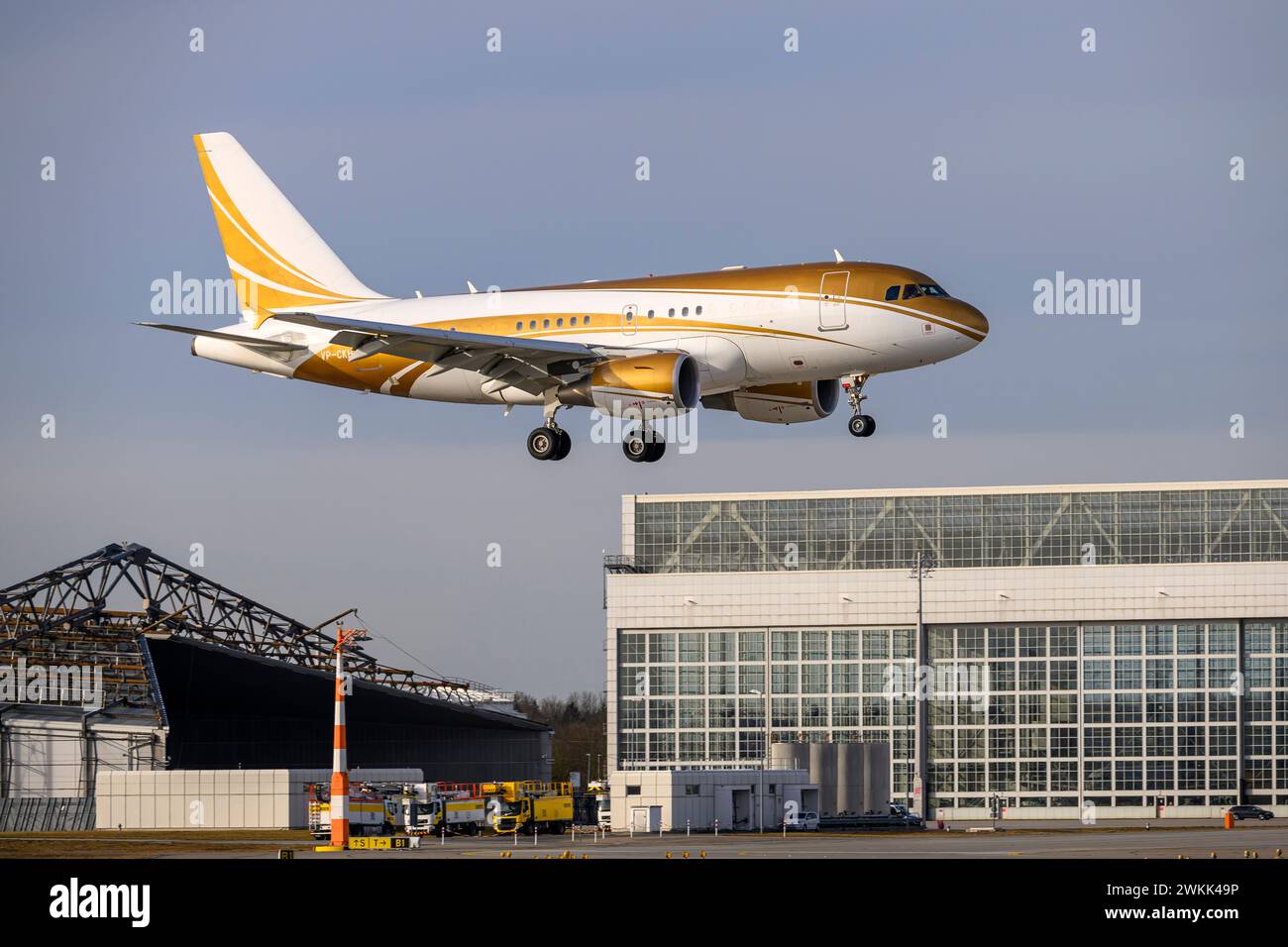 Munich, Germany - February 15. 2024 :  National Air Services Airbus A318-112 ACJ Elite  with the aircraft registration VP-CKH  lands as part of the Mu Stock Photo
