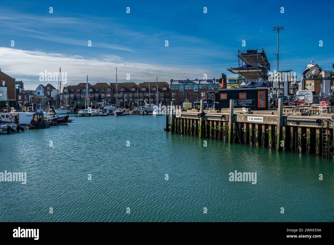 View of Camber docks, Old Portsmouth, with yachts and fishing boats in the harbour. Stock Photo