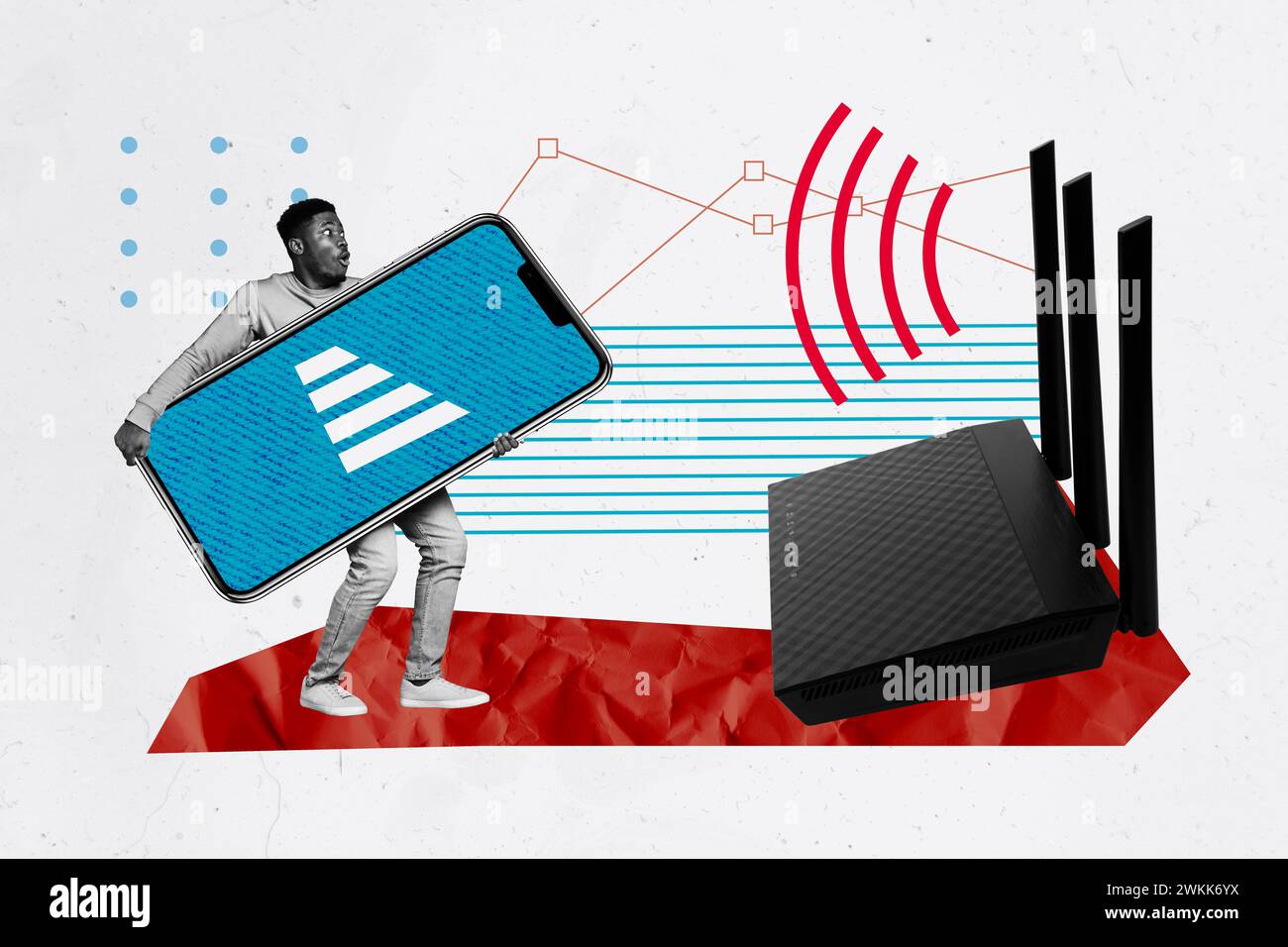 3d retro artwork template collage of man hold telephone screen router ...