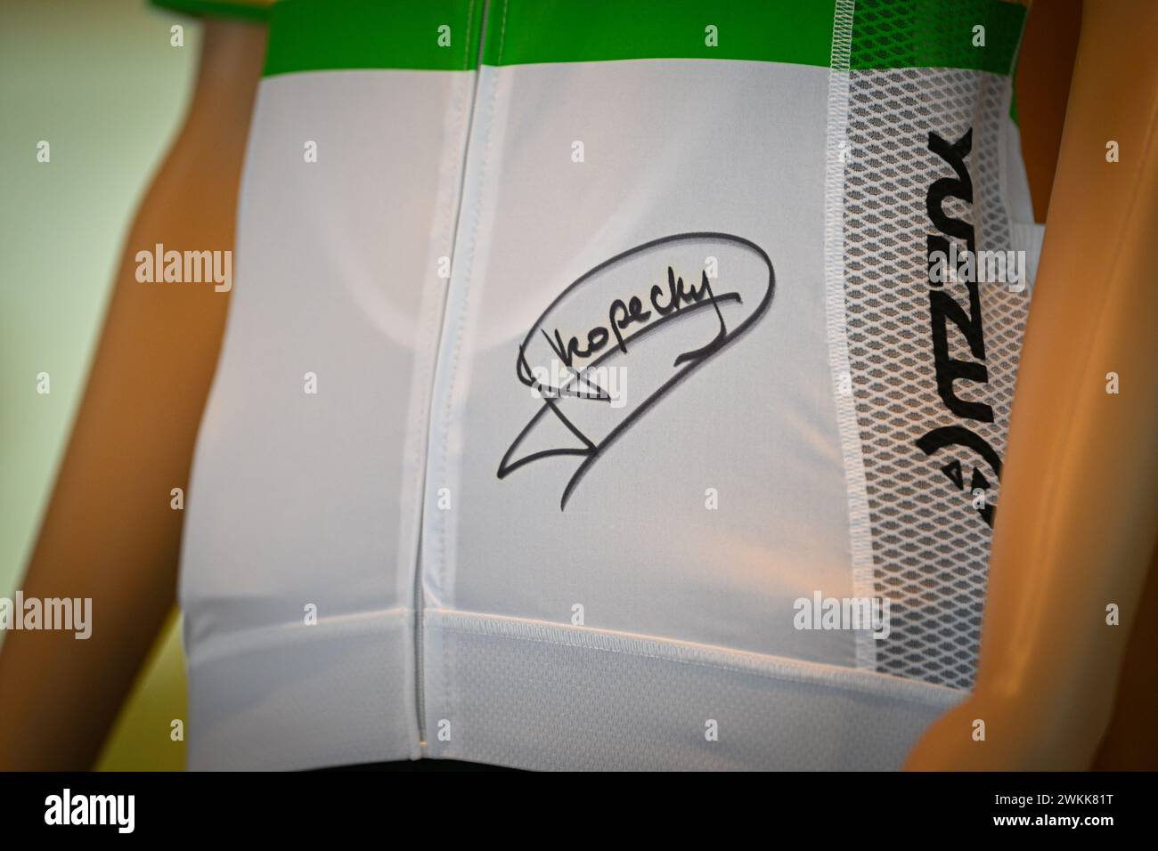 Antwerp, Belgium. 21st Feb, 2024. Illustration picture shows the autograph of Belgian Kopecky on a cycling jersey at a press conference of the SD Worx-Protime cycling team, Wednesday 21 February 2024 in Antwerp, ahead of the upcoming season of classic one day cycling races. BELGA PHOTO LUC CLAESSEN Credit: Belga News Agency/Alamy Live News Stock Photo