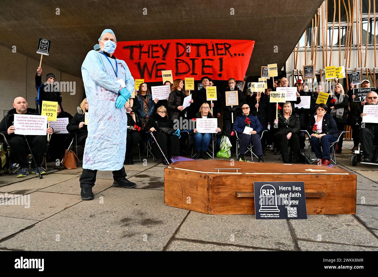 Edinburgh, Scotland, UK. 21st February 2024.  Prof Sam Eljamel protest outside Holyrood by affected patients, protesting over 'dithering' on the delay to the public inquiry into the affair. Credit: Craig Brown/Alamy Live News. Stock Photo