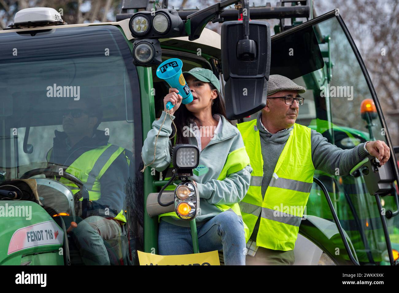 Spanish farmer demonstration in Madrid A young woman protester seen on a tractor during the farmers demonstration in Puerta de Alcala in Madrid the protest, organized by Spanish trade unions, is focused on concerns over unfair competition from products originating outside the EU. Farmers are also unhappy about the meager profits derived from their crops and are critical of EU agricultural policy. Madrid Puerta de Alcala Madrid Spain Copyright: xAlbertoxGardinx AGardin 20240221 manifestacion tractores madrid 063 Stock Photo