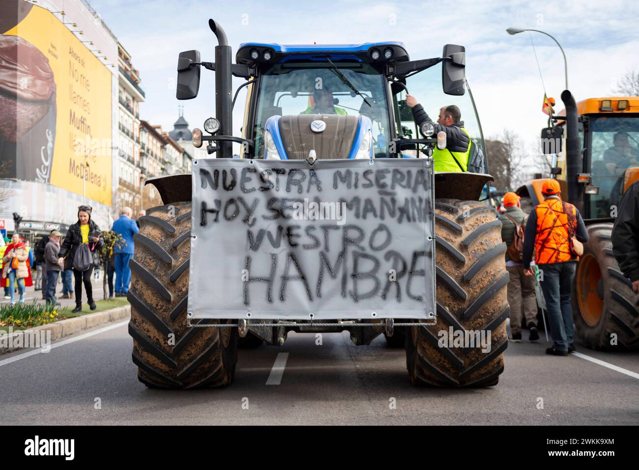 Spanish farmer demonstration in Madrid A tractor with a protest sign seen on parade down the street during the farmers demonstration in Madrid the protest, organized by Spanish trade unions, is focused on concerns over unfair competition from products originating outside the EU. Farmers are also unhappy about the meager profits derived from their crops and are critical of EU agricultural policy. Madrid Puerta de Alcala Madrid Spain Copyright: xAlbertoxGardinx AGardin 20240221 manifestacion tractores madrid 042 Stock Photo