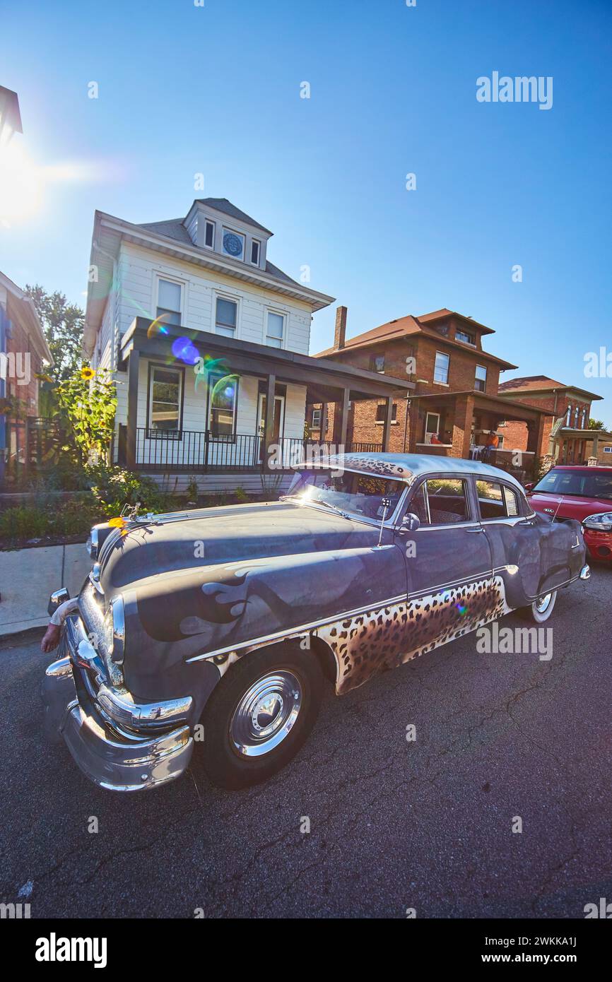 Custom-Painted Vintage Car in Suburban America with Chrome Accents Stock Photo
