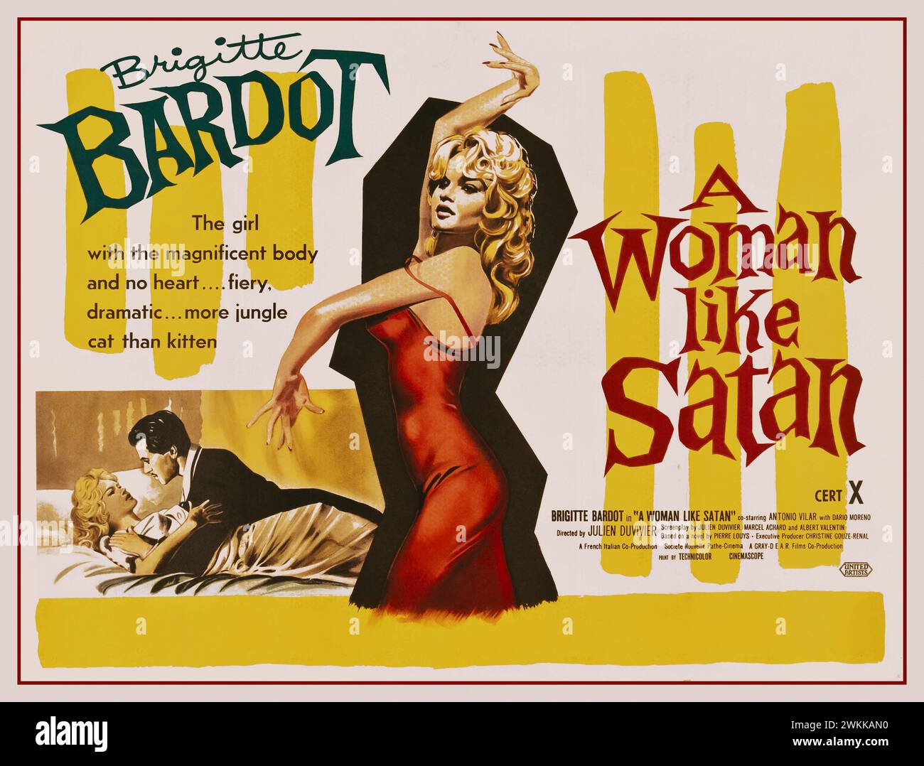 Vintage Brigitte Bardot 1959 movie poster in ' A Woman Like Satan ' co-starring Antonioo Vilar. Directed by Julien Duvivier 1950s Movie Poster Cert. X United Artists Stock Photo