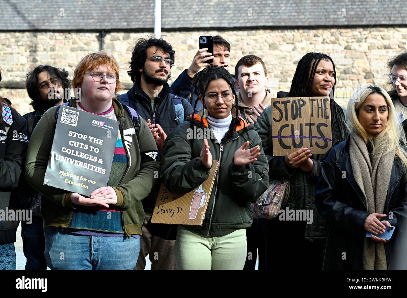 Edinburgh, Scotland, UK. 21st February 2024. NUS Rally for education outside the Scottish parliament, protesting against the Scottish Government which plans to cut the budgets of Colleges and Universities by more than £100 million.  Speakers include the NUS Scotland President, student leaders, and trade unionists. Credit: Craig Brown/Alamy Live News. Stock Photo