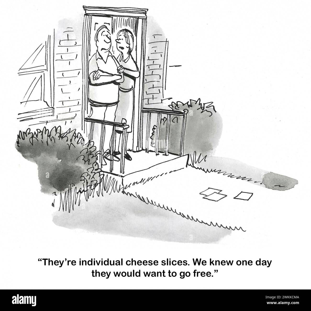 BW cartoon of a man crying as his wife tells him that they knew that one day the cheese slices would 'want to go free'. Stock Photo