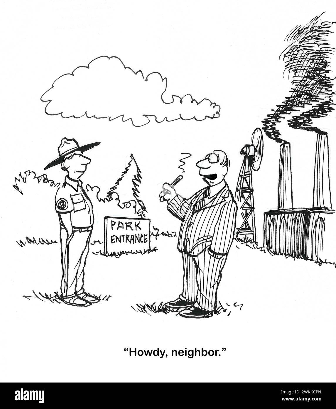 BW cartoon of a park ranger at a park entrance.  He faces factories spouting out pollutants and a man smoking a large cigar. Stock Photo