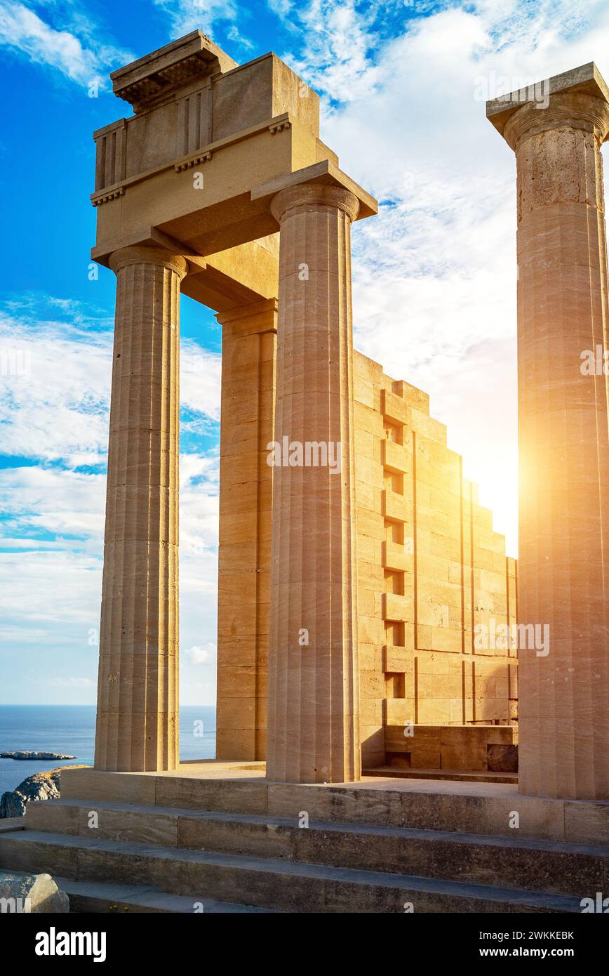 Remaining columns of the Temple of Athena Lindia at the Acropolis of Lindos. Stock Photo