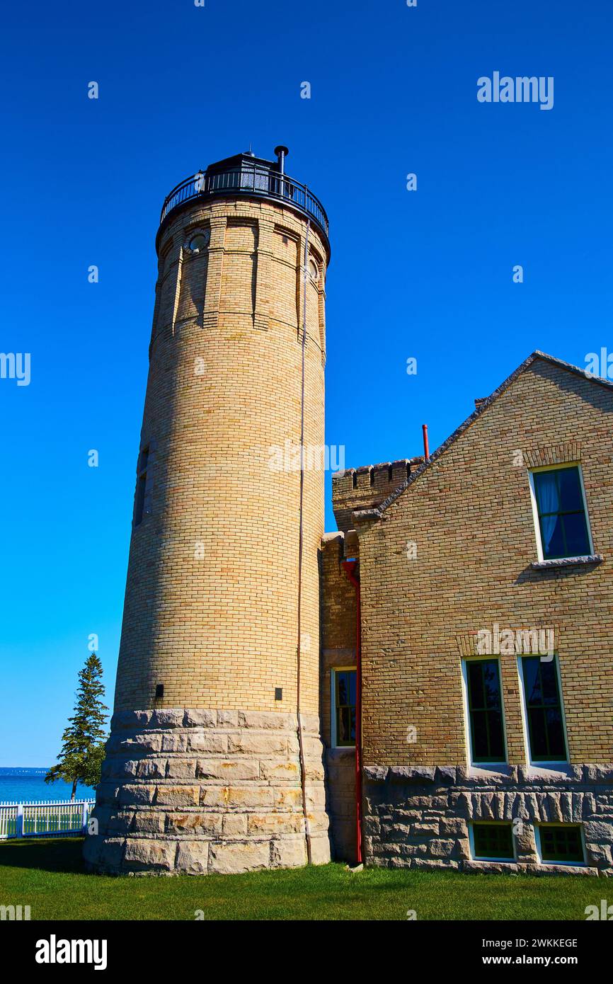 Mackinac Lighthouse with Keeper's House, Clear Blue Sky Perspective Stock Photo