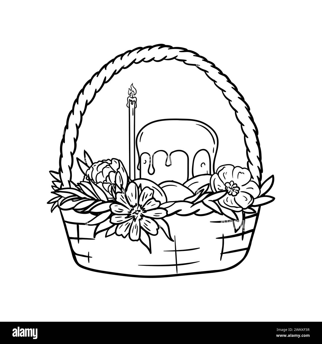 Coloring page with a basket, Easter cake, church candle, flowers and eggs. Black and white vector illustration. Stock Vector
