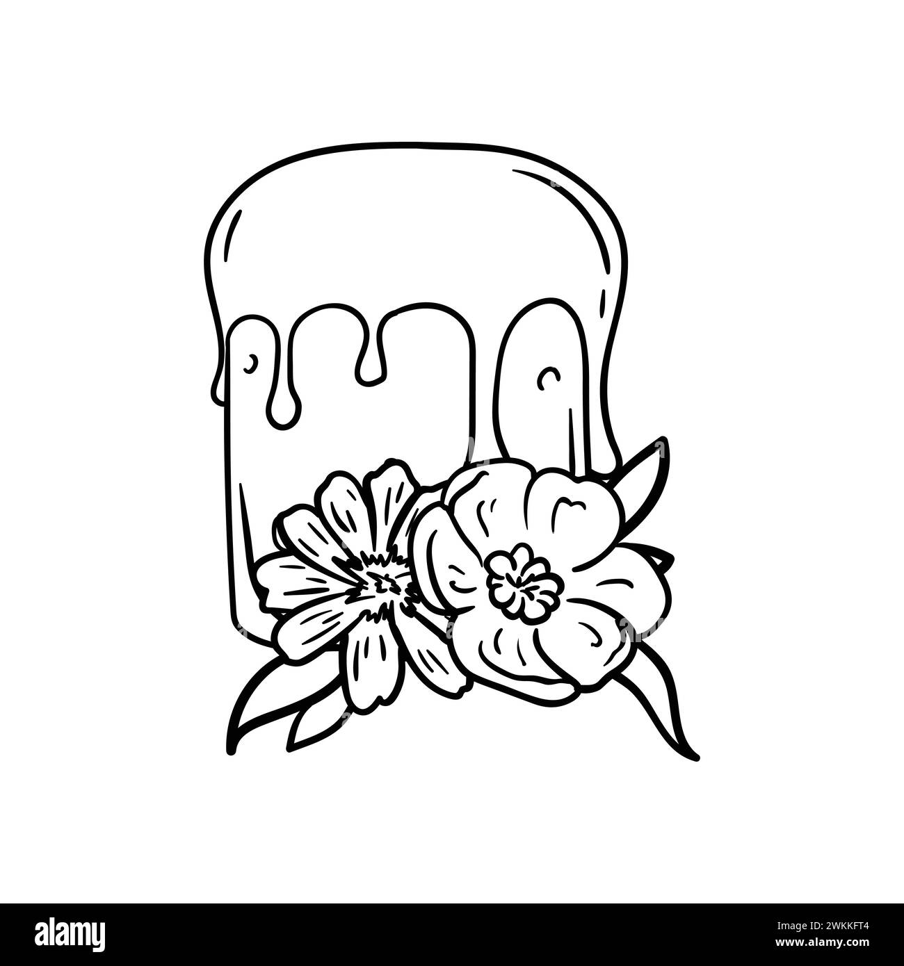 Coloring page Easter cake and spring flowers. Black and white vector illustration. Holiday card Stock Vector