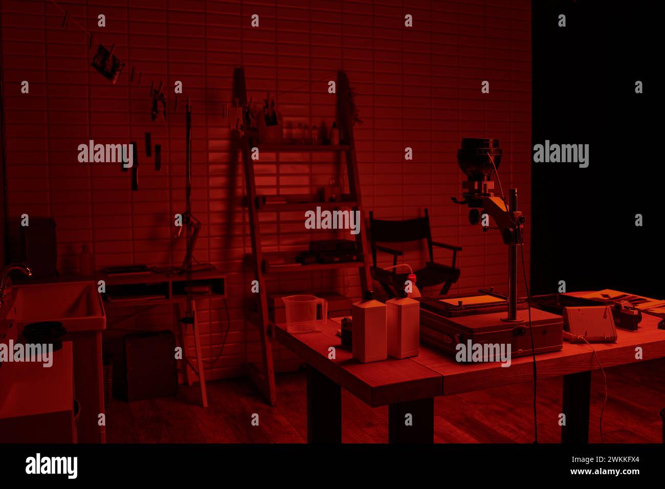 darkroom interior with chemical bottles and tools, showcasing the
