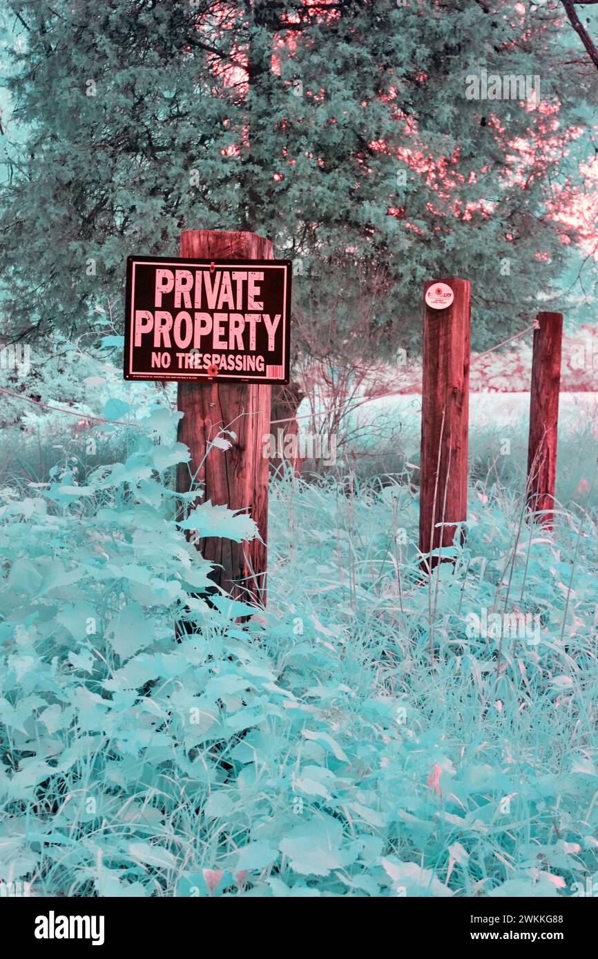 Surreal Infrared No Trespassing Sign in Overgrown Forest Stock Photo