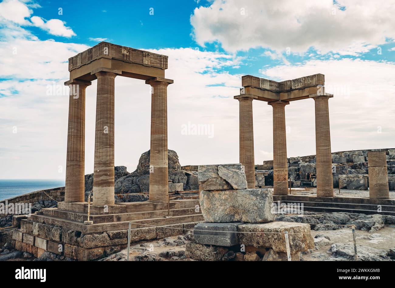 Remaining columns of the Temple of Athena Lindia at the Acropolis of Lindos. Stock Photo