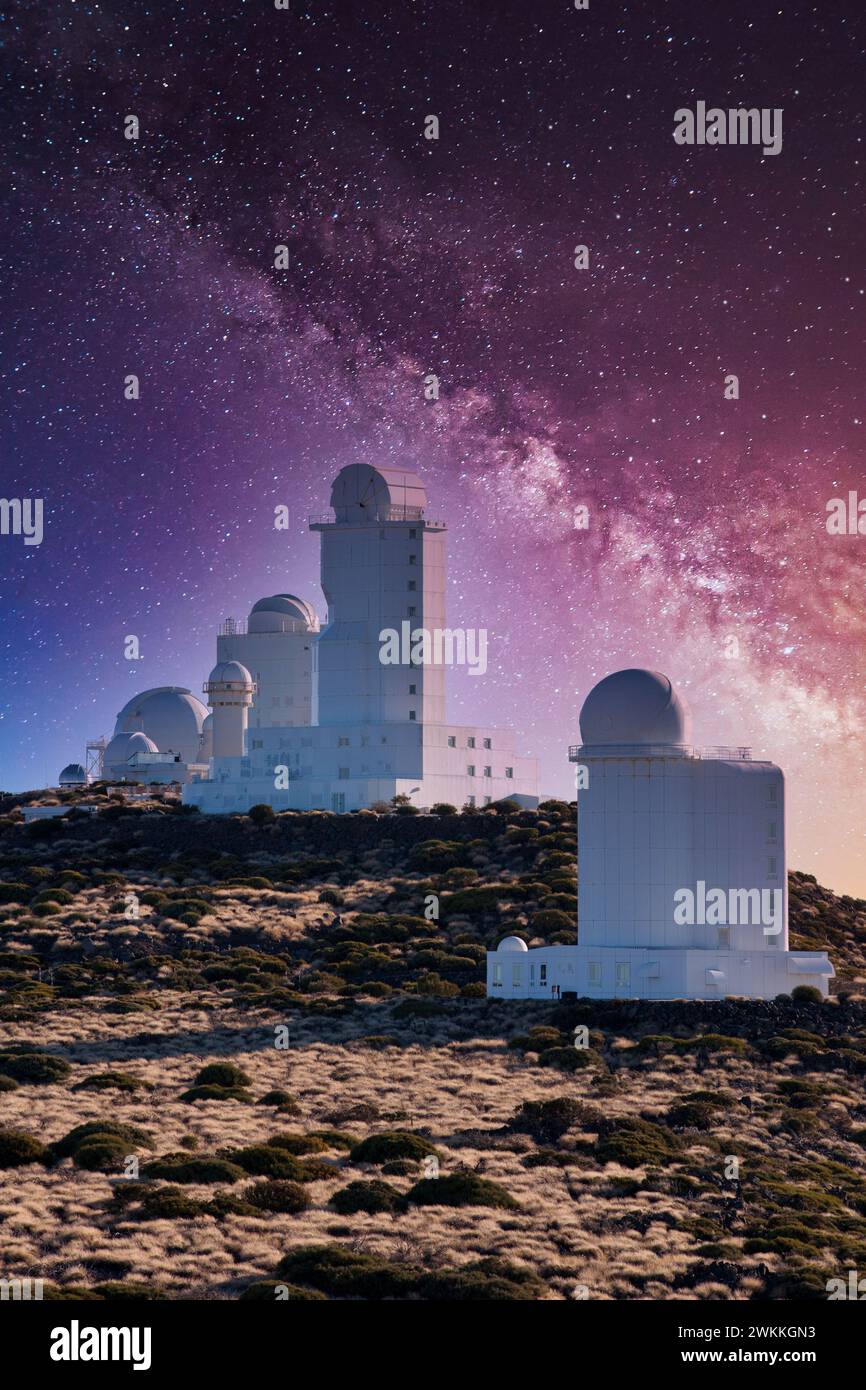 Telescopes at the "Observatorio del Teide" (OT), Astronomical Observatory, Las Cañadas del Teide National Park, Tenerife, Canary Islands, Spain. Stock Photo