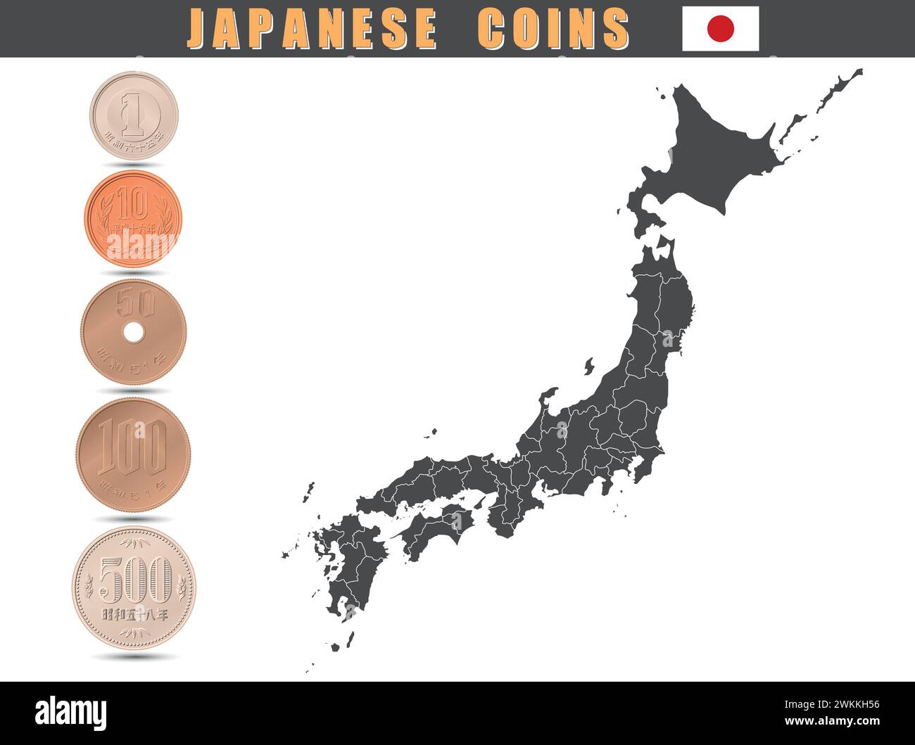 Set of Japanese coins with Japan map. Vector illustration. Stock Vector