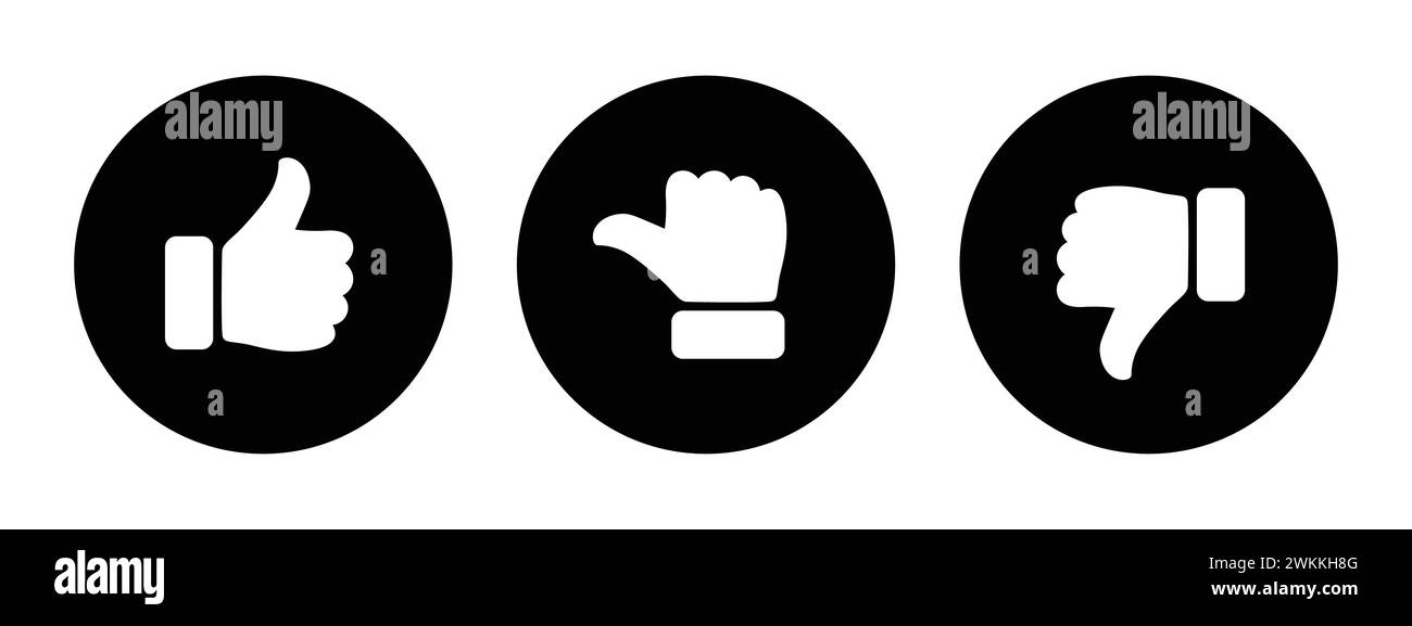 Like, dislike and neutral thumb symbols in white and black circle. Feedback and rating thumbs up and thumbs down icons set. Thumbs up, down, sideways. Stock Vector
