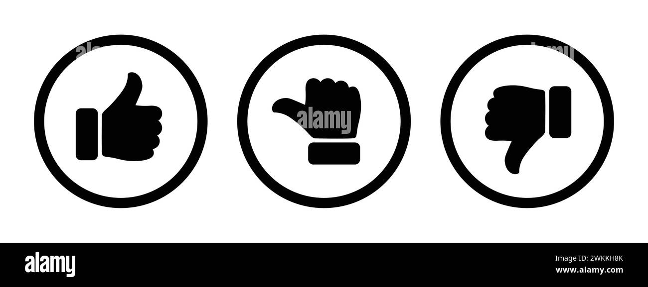 Like, dislike and neutral thumb symbols in black circle outline. Feedback and rating thumbs up and thumbs down icon set. Thumbs up, down and sideways. Stock Vector