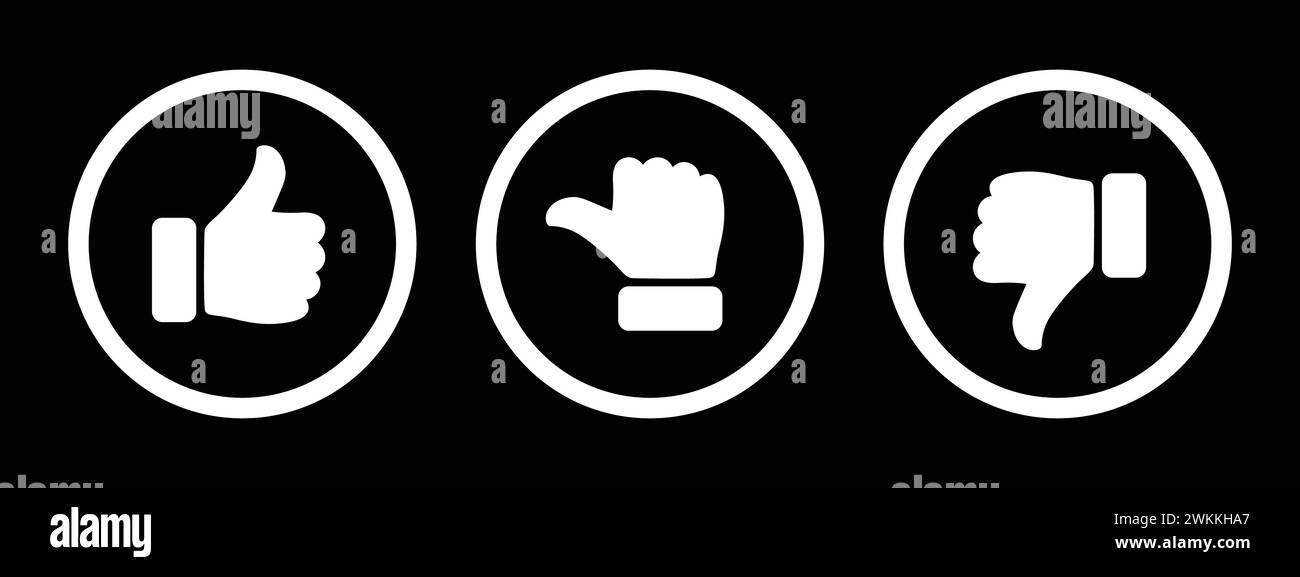 Like, dislike and neutral thumb symbols in white circle outline. Feedback and rating thumbs up and thumbs down icon set. Thumbs up, down and sideways. Stock Vector
