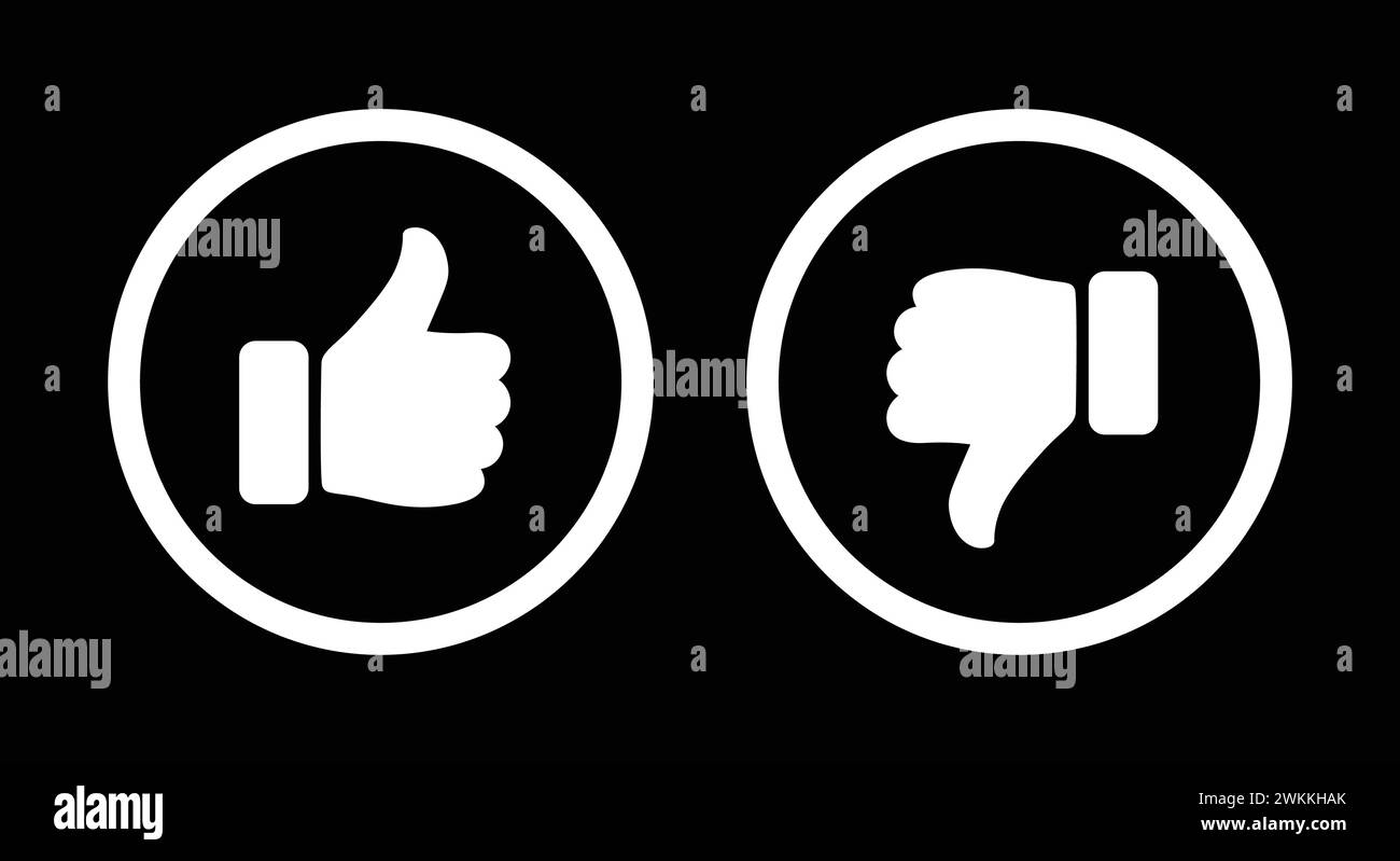 Like and dislike symbol icon set in white circle. Thumbs up and down flat icon in white color outline. Rating and feedback Thumbs-Up and Thumbs-down. Stock Vector