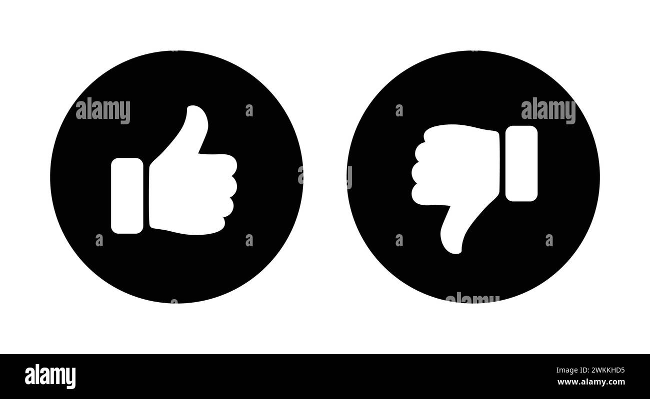 Like and dislike symbol icon set in black circle. Thumbs up and down flat icon set in black and white color. Rating and feedback Thumbs-Up icon set. Stock Vector