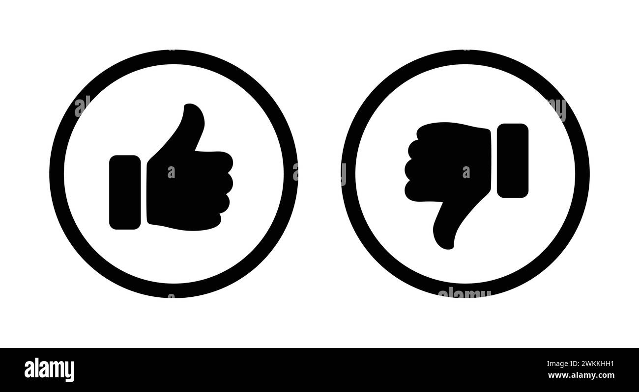 Like and dislike symbol icon set in black circle. Thumbs up and down flat icon in black color outline. Rating and feedback Thumbs-Up and Thumbs-down. Stock Vector