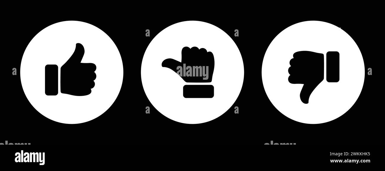 Like, dislike and neutral thumb symbols in black and white circle. Feedback and rating thumbs up and thumbs down icons set. Thumbs up, down, sideways. Stock Vector