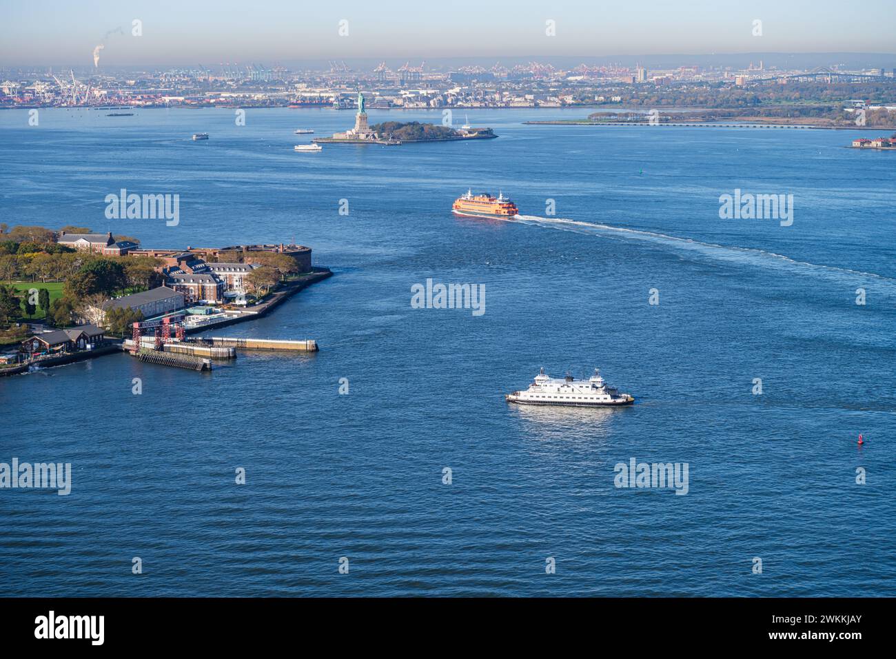 Upper New York Bay is a popular destination for boat trips to Governors Island and the Statue of Liberty. Stock Photo
