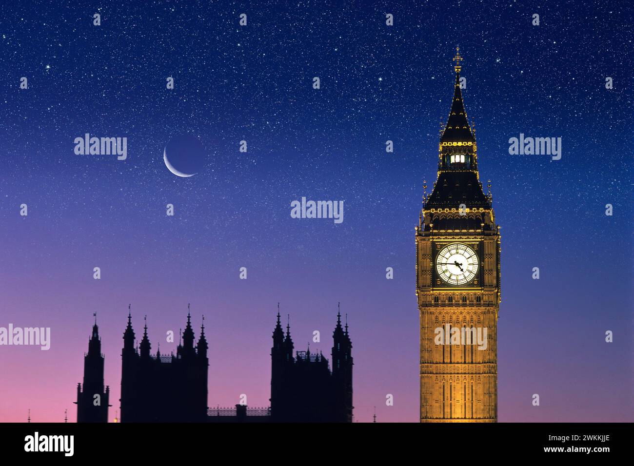 Big Ben at night with crescent moon and stars Stock Photo