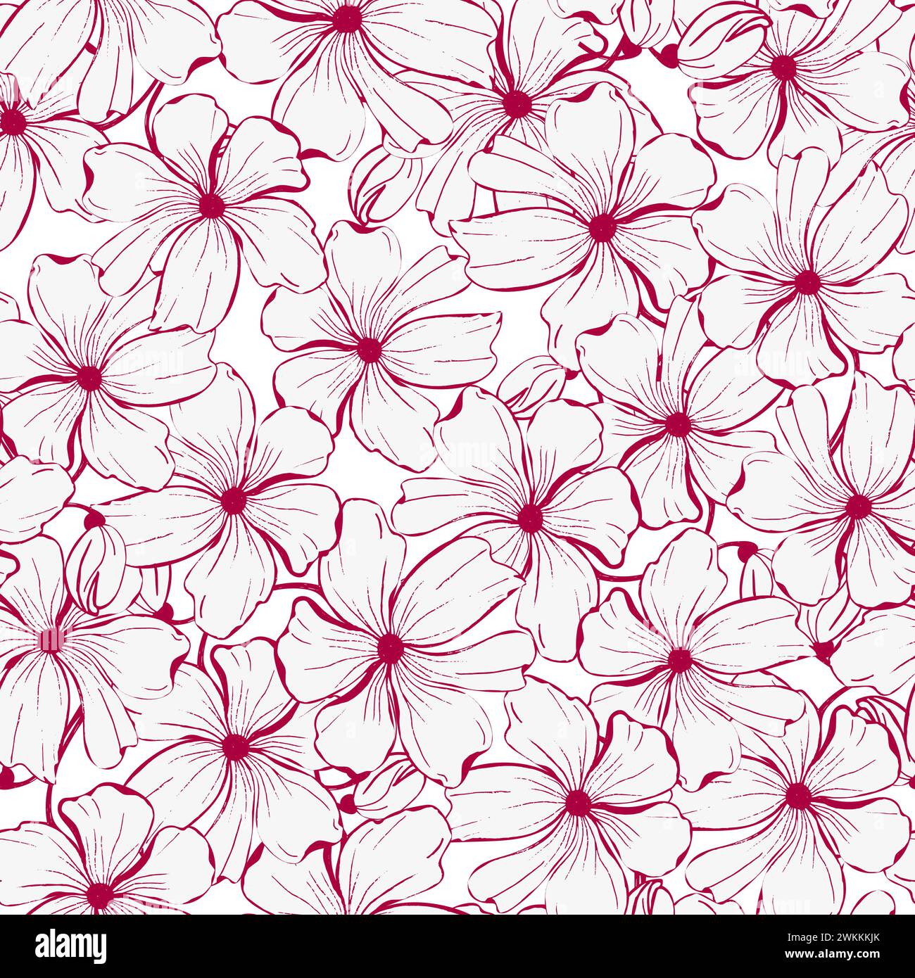 Vector Lower Print Floral ink hand drawn design. Red poppies line art flower, seamless ...
