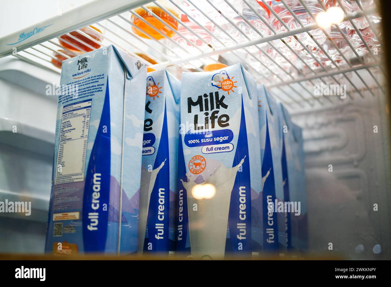 Close up a group of Milk Life Full Cream on the fridge Stock Photo