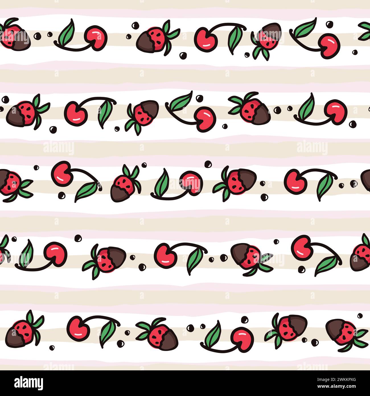 Cherry and strawberry fruit seamless pattern. Summer berries, fruits with leaves, vector striped background. Hand drawn doodle illustration for cover, Stock Vector