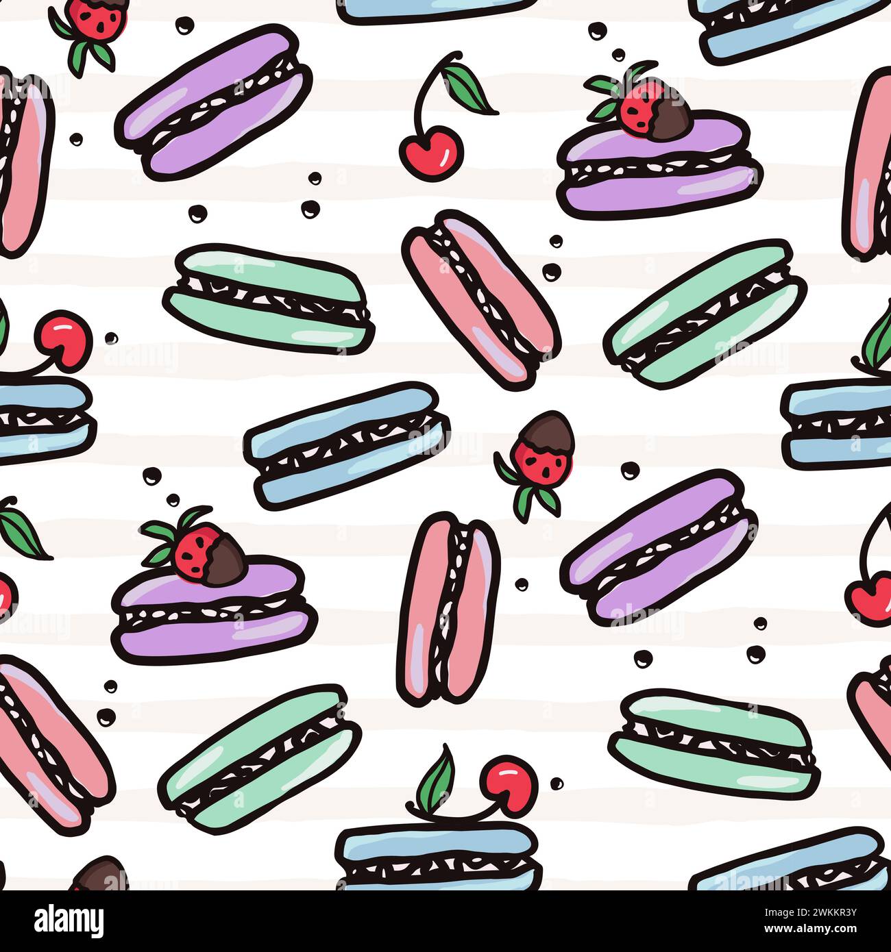 Macaroon Pattern Background Macaroon seamless pattern with sweet desert food. Hand drawn colorful ...