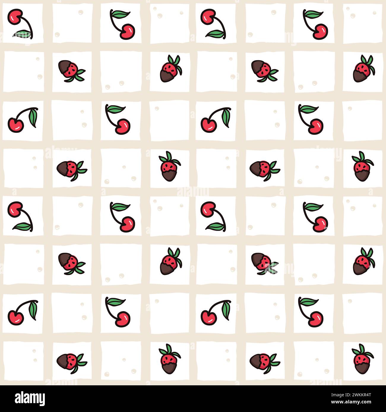Cherry and strawberry geometry fruit seamless pattern. Summer berries, fruits with leaves, vector background. Hand drawn doodle illustration for cover Stock Vector