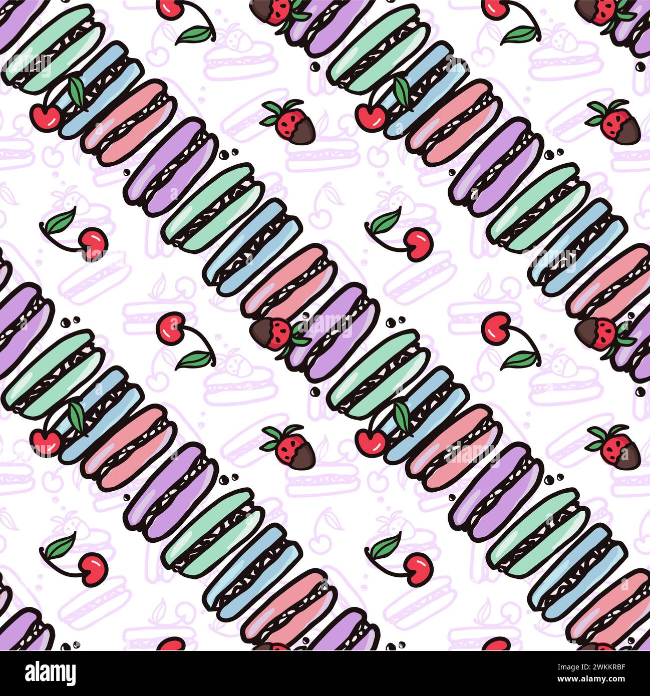 Cherry and strawberry fruit seamless pattern. Summer berries, fruits with leaves, vector background. Hand drawn doodle illustration for cover, fabric, Stock Vector