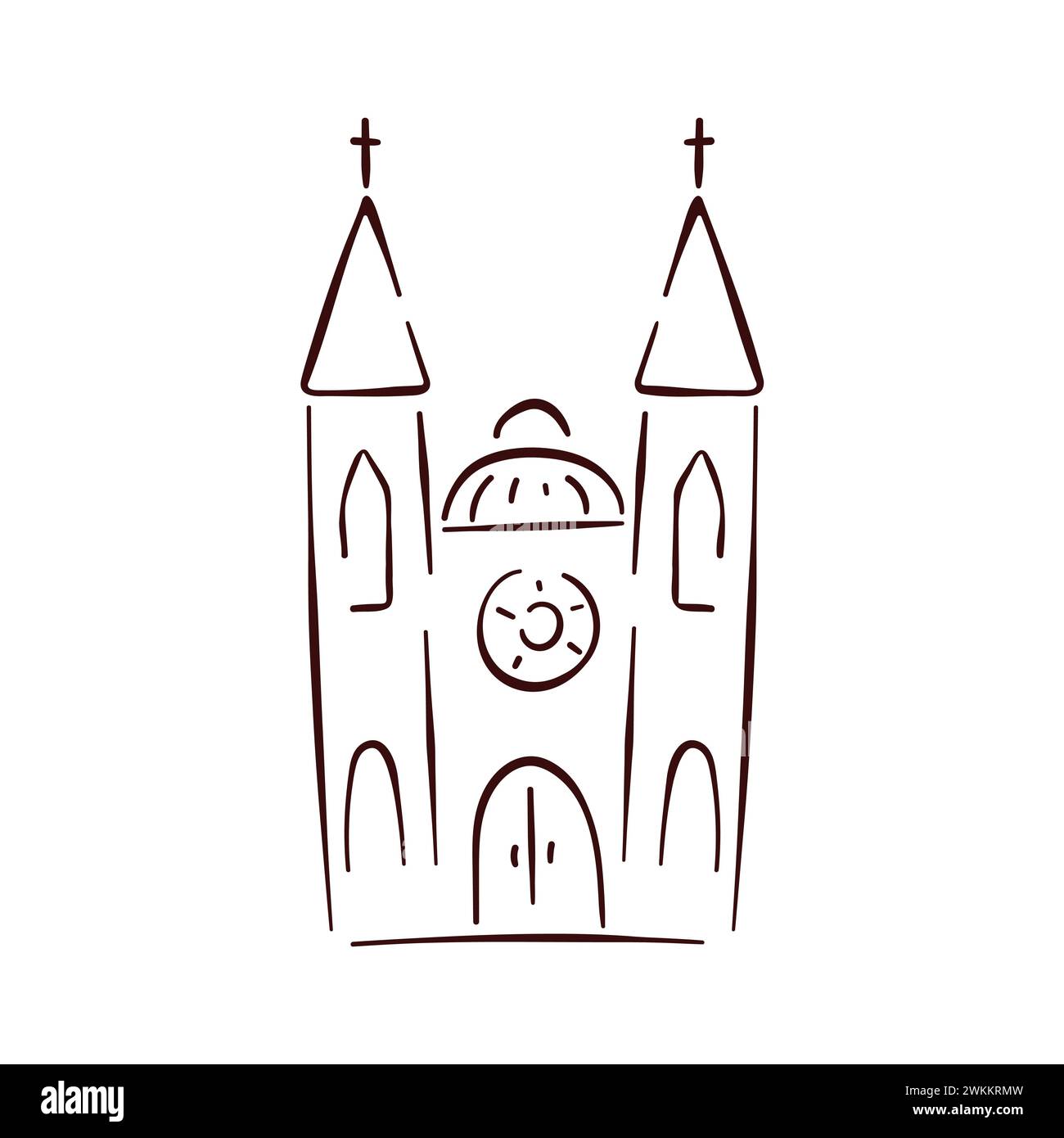 Cathedral building icon in line art style. Church simple hand drawn logo design. Vector illustration isolated on a white background. Stock Vector