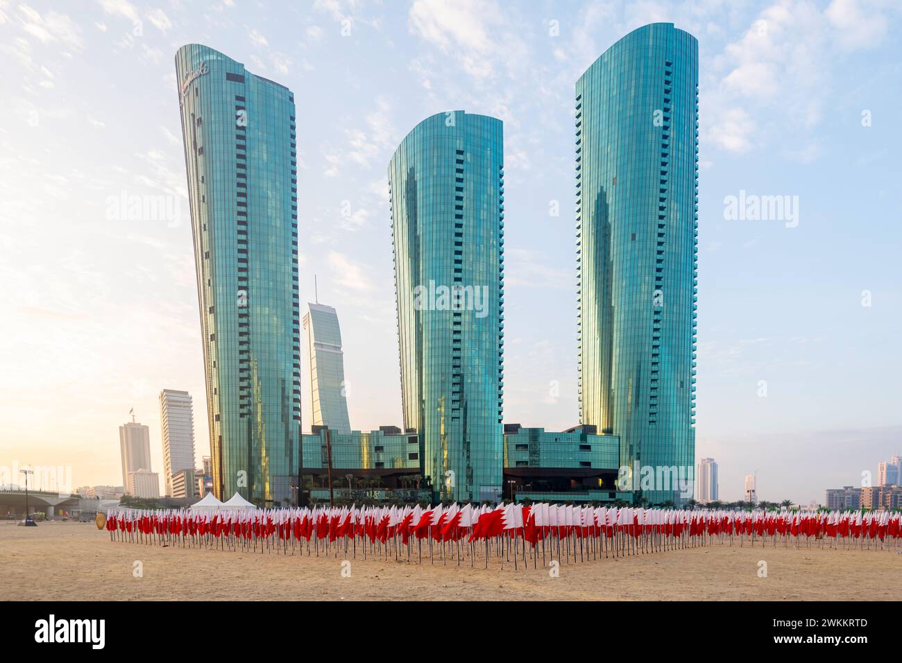 Manama, Bahrain - December 27, 2023: Bahrain National day Celebration. Bahrain Flag. Bahrain Skyline and buildings Stock Photo