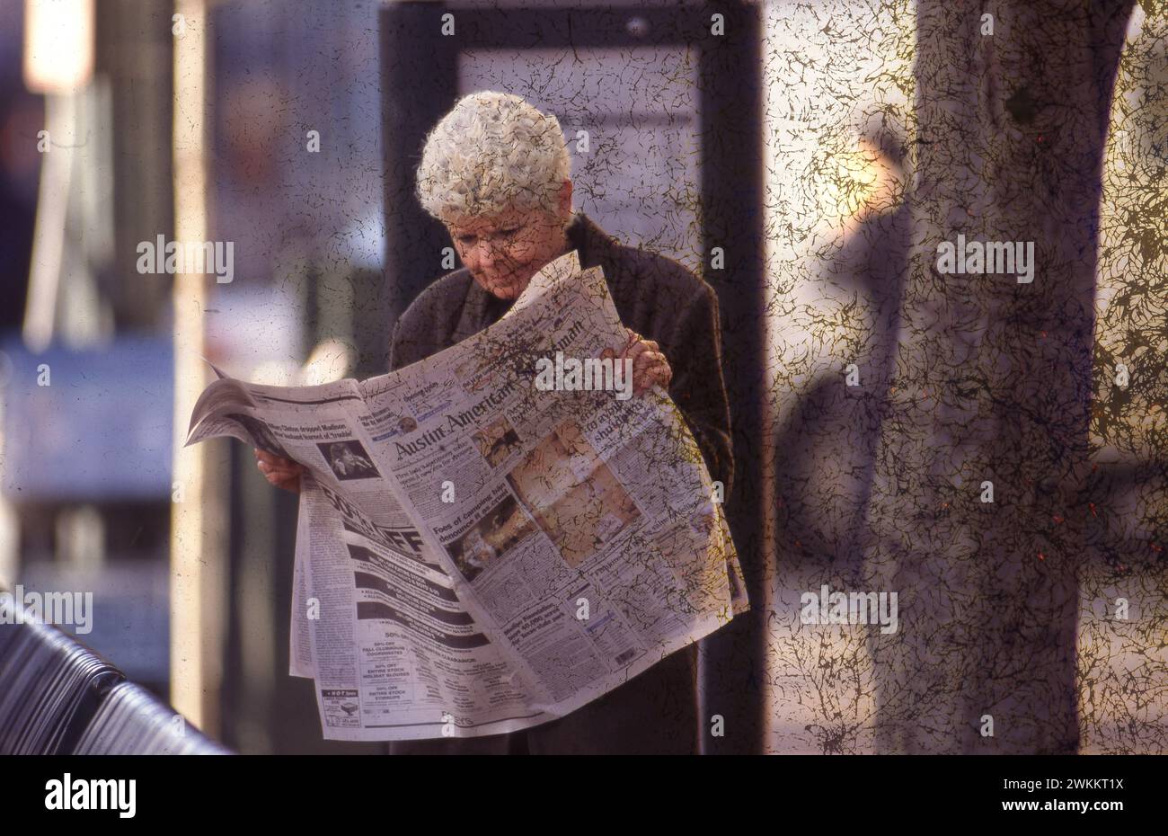 Austin Texas USA: Gray-haired woman reads newspaper while waiting at bus stop. ©Bob Daemmrich Stock Photo