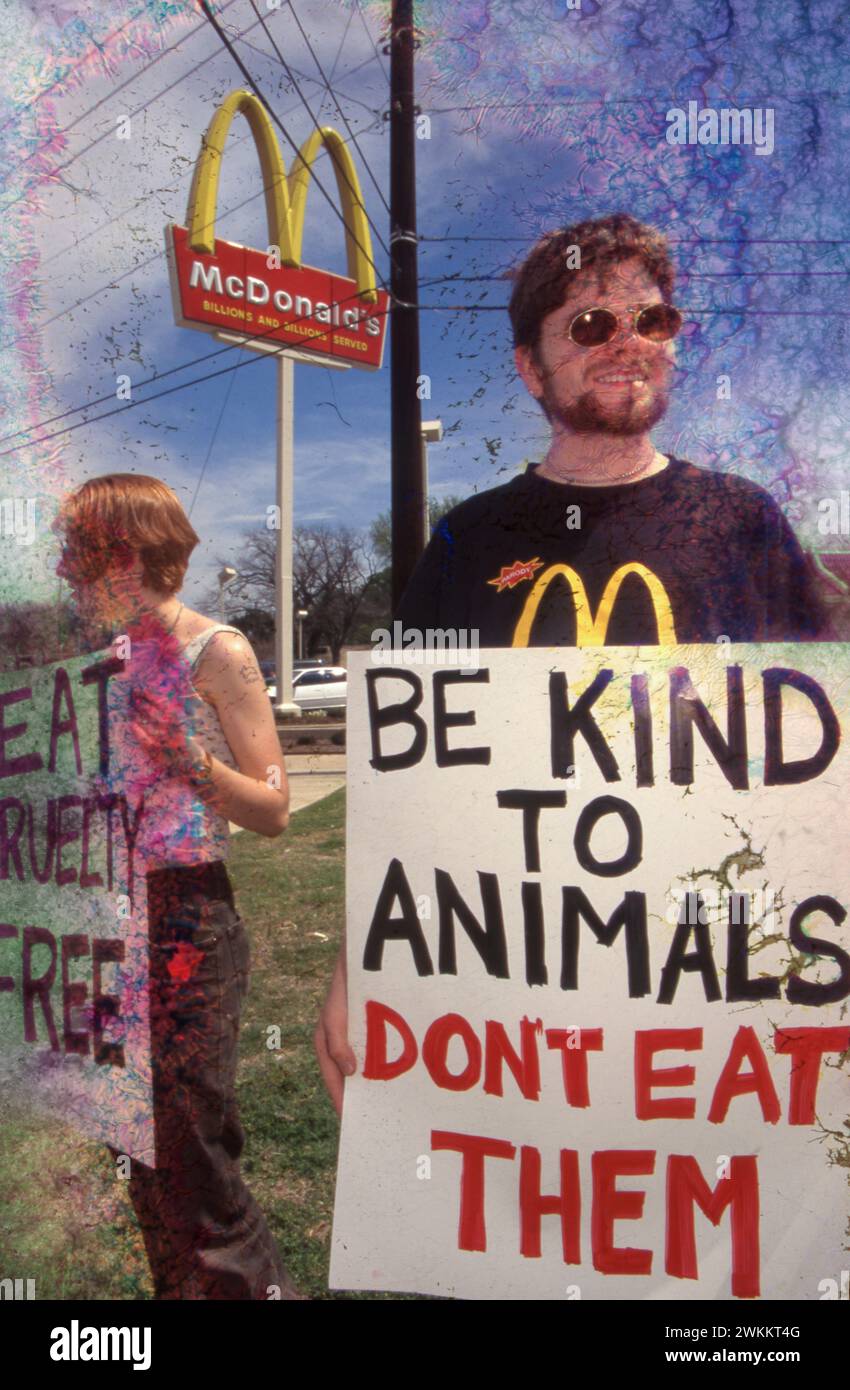 Austin Texas USA: Animal rights activists picket outside a fast-food restaurant that serves meat products. ©Bob Daemmrich Stock Photo