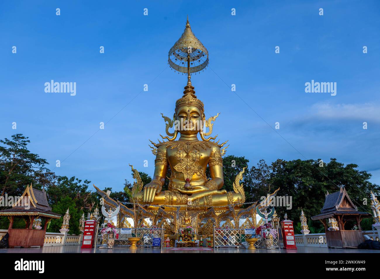 Doi Saket, Chiang Mai - Aug 19, 2023: Doi Saket golden sitting Buddha statue in North Thailand near Chiang Mai. Stock Photo