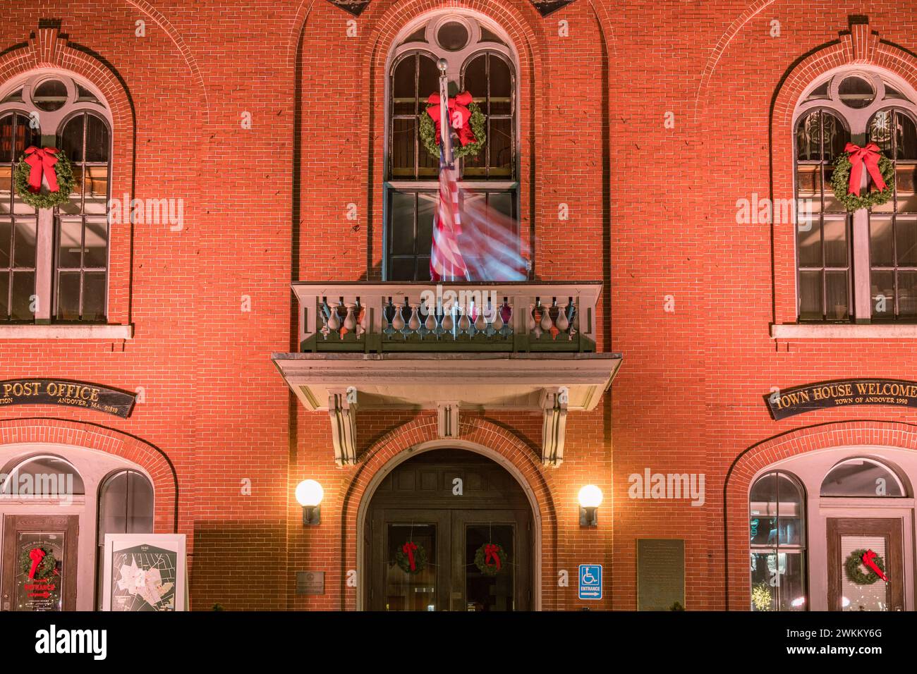 Andover, MA, USA-December 21, 2023. Close up of Andover's historic Old Town Hall building at night. Stock Photo
