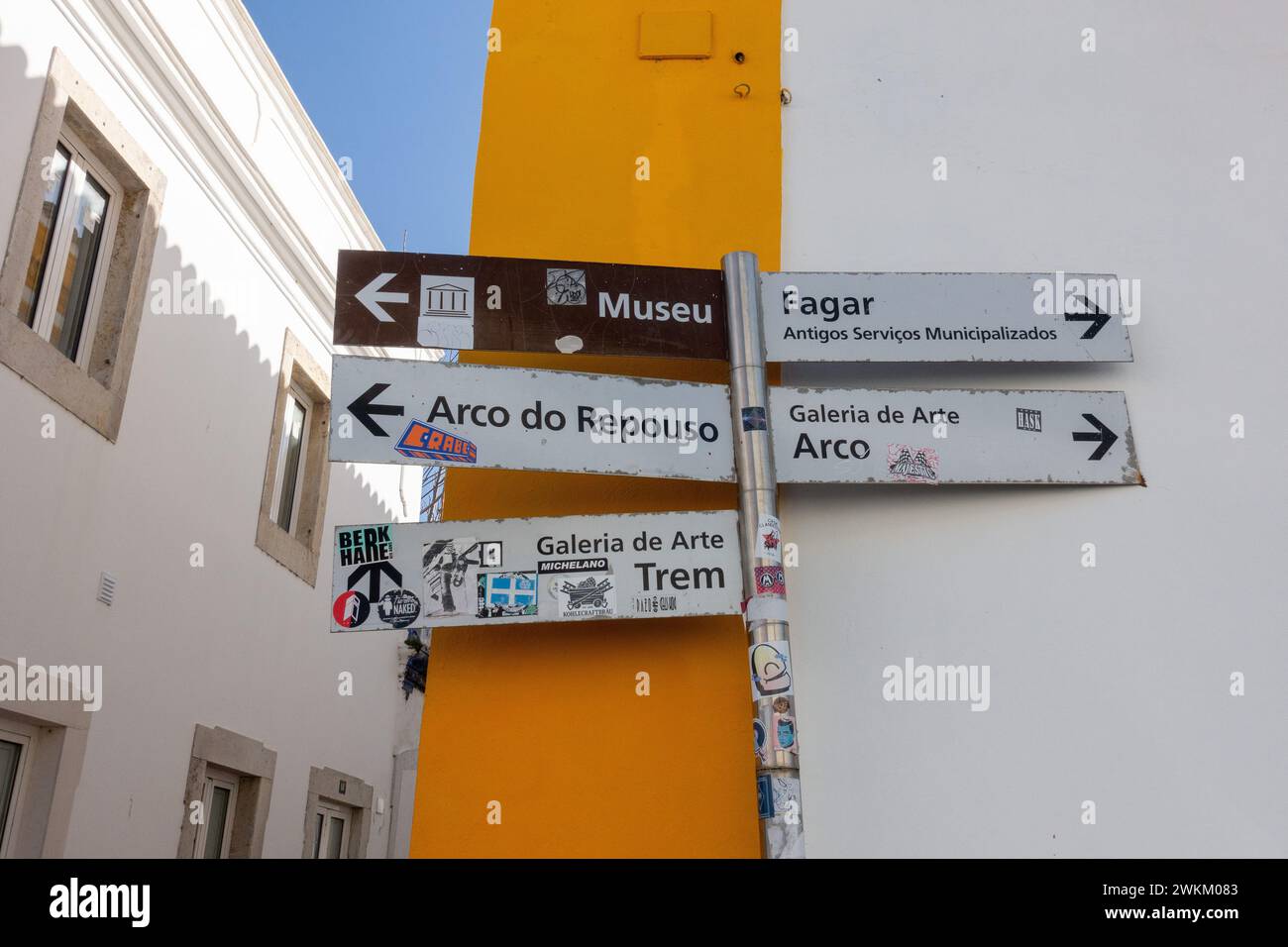 Direction Signs For Places Of Interest In Faro Old Town Portugal, February 6, 2024 Stock Photo