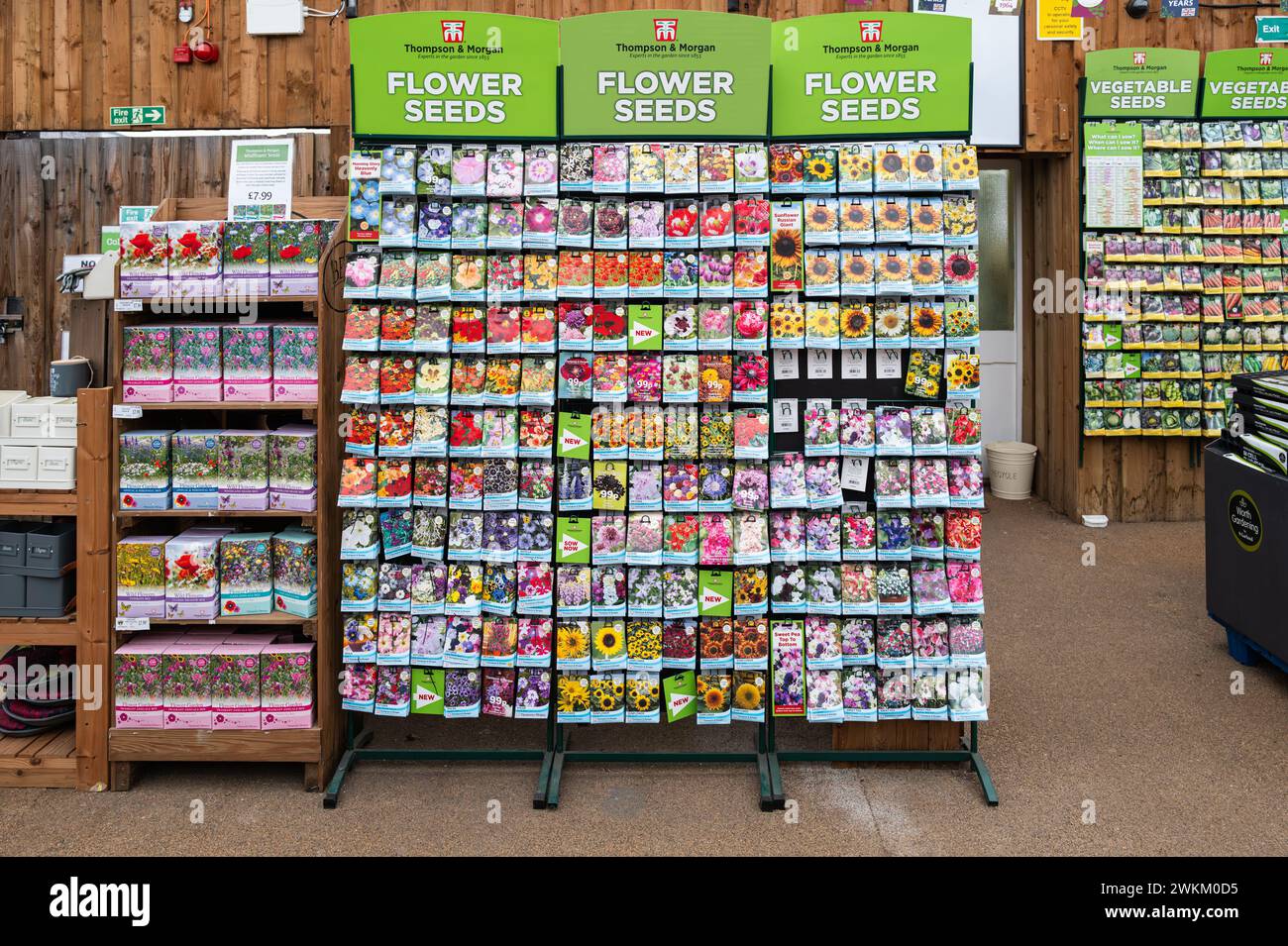 Rack of packets of flower seeds and vegetables seeds in a garden centre in Devon, England. Stock Photo