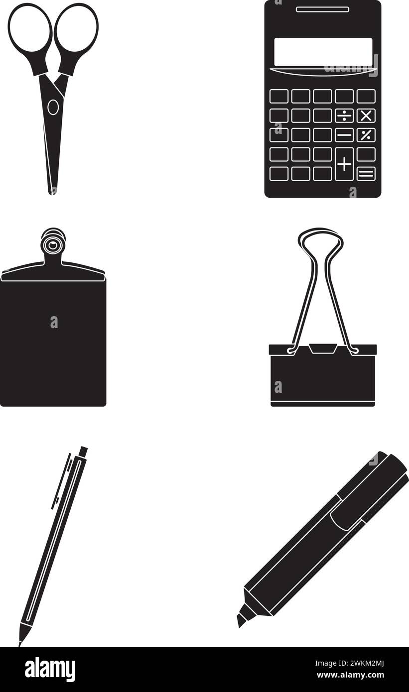 Set of silhouettes of different office supplies icons Vector Stock ...