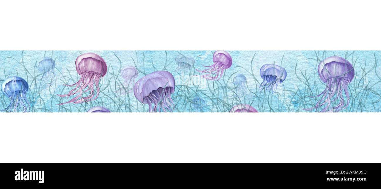 Floating medusa flock among plants. Seamless banner. Blue and violet jellyfish. Jellyfishes with