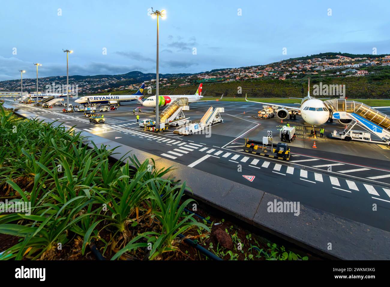 Evening view of the main runway at the Madeira Cristiano Ronaldo Airport, or Funchal Airport, on the island Madeira, Portugal, in the Canary Islands. Stock Photo