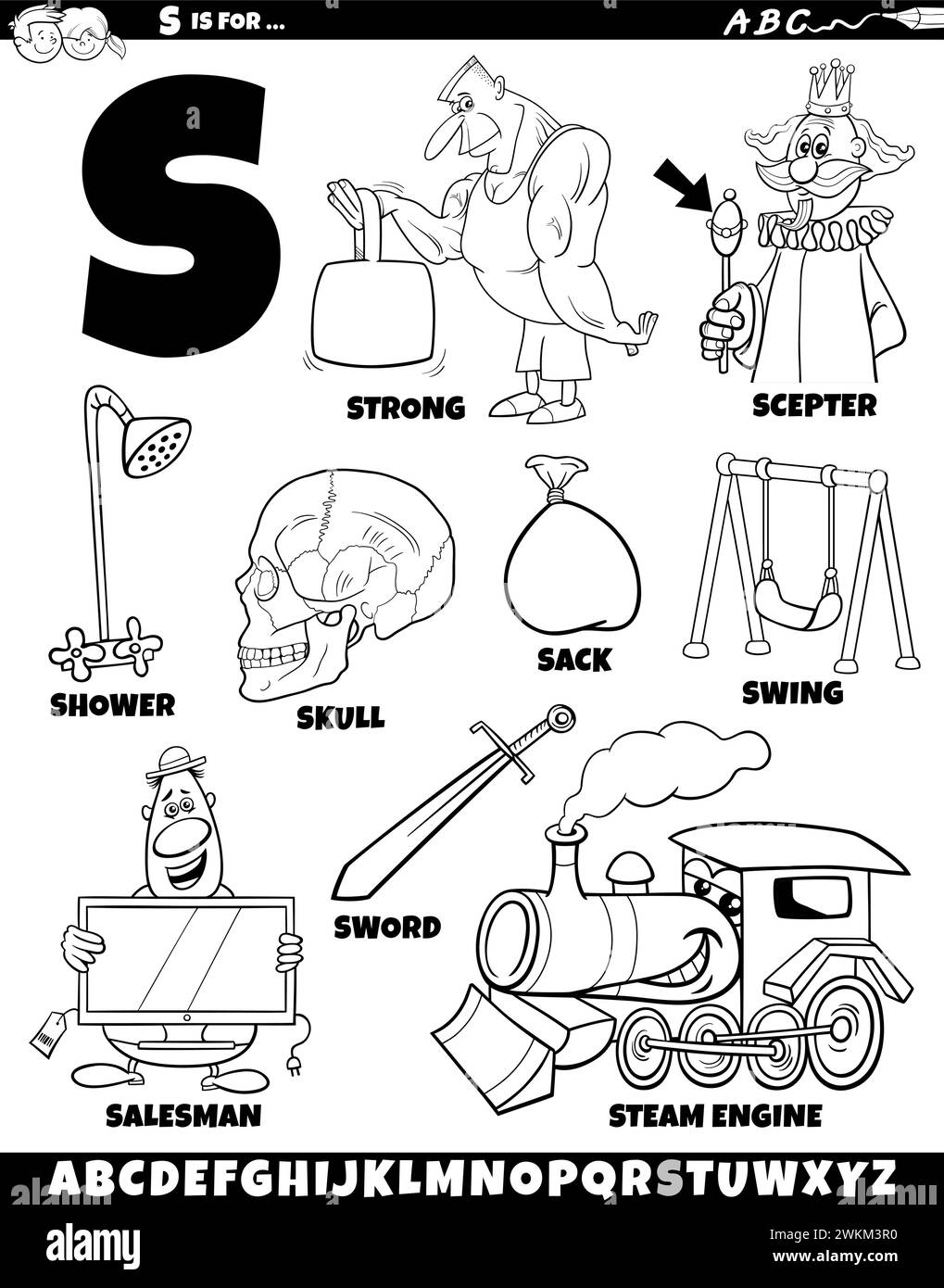 Cartoon illustration of objects and characters set for letter S coloring page Stock Vector